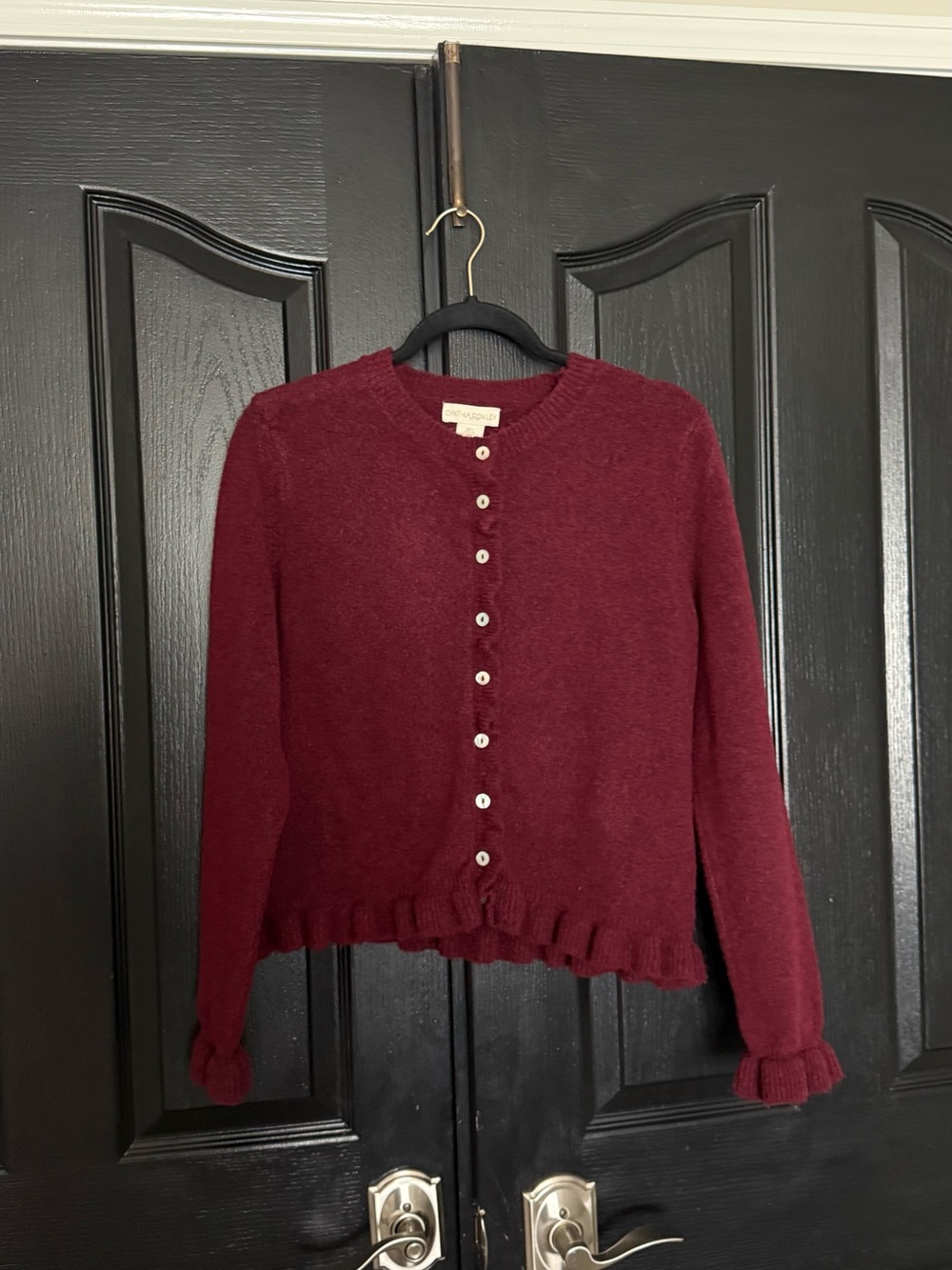 Cynthia Rowley Burgundy Ruffle-Hem Button Cardigan